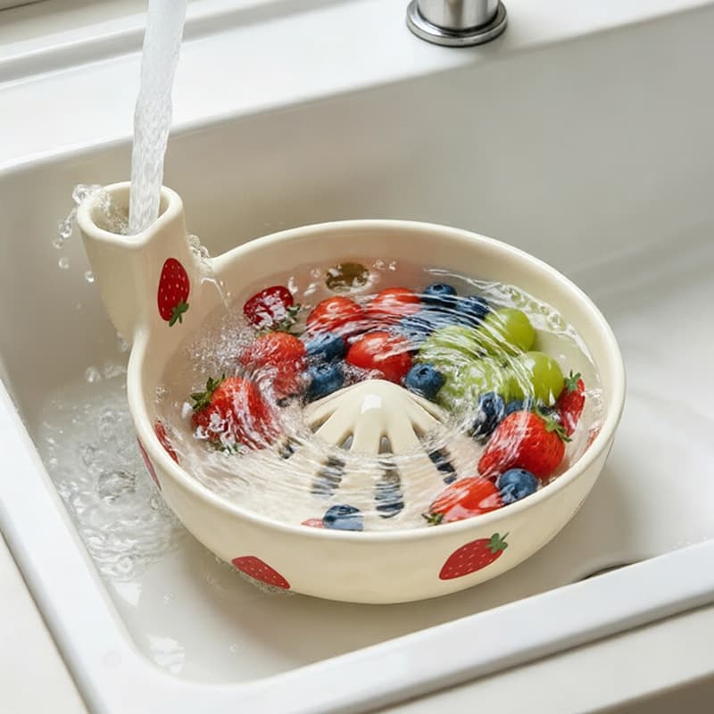 Creative Swirl Vegetable Washing Ceramic Bowl Cross-border Kitchen Fruit and Vegetable Cleaning Basin Automatic Spin Water Filter Fruit Bowl for Home