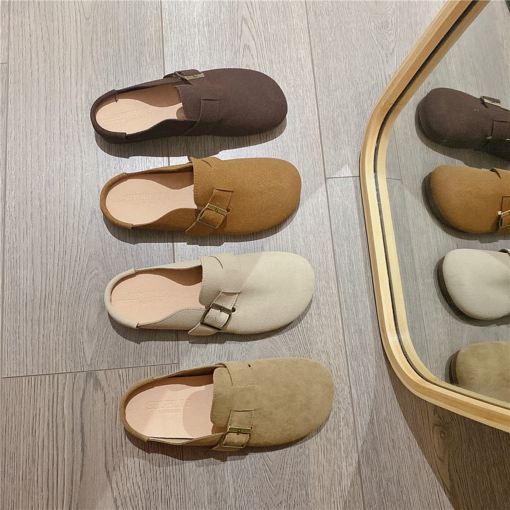 Retro Buckle Closed-Toe Half-Slipper for Women, 2026 Spring New Korean Style Soft-Soled Lazy Flat Slippers for Women