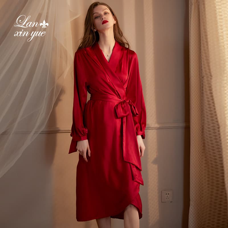 Wedding Morning Robe for Bride and Bridesmaids, Ice Silk Long Robe for Spring and Autumn Weddings, Red Pajamas