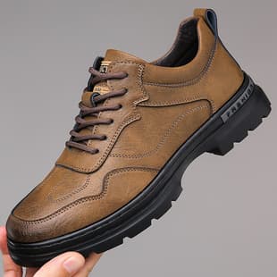 Fall Winter New Men's Daily Casual Leather Shoes Men's Outdoor Hiking Shoes Thick Sole Round Toe Lace-up Shoes Drop Shipping