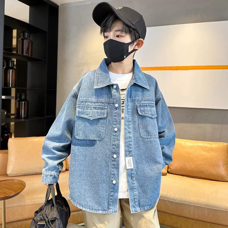 Boys' Casual Denim Shirt Thin Autumn Jacket Children's Upperwear Cotton Soft Processed Long Sleeve Mid-Length Outerwear