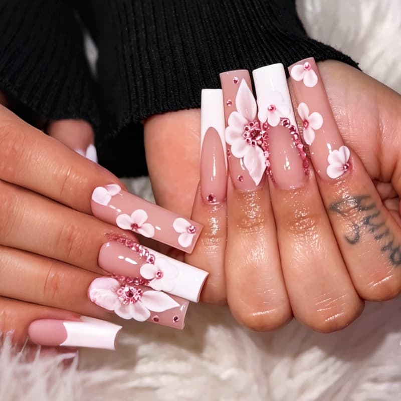 Cross-Border Sweet French Wearable Nail Tips, Sparkling Diamond Nail Art, Long Ballet False Nails, Sweet Girl Style