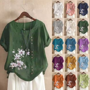 Cotton Linen Women's Summer/Autumn Vintage Loose Fit Cotton Linen Short Sleeve T-Shirt, Plus Size Women's Clothing, Amazon Wish Best Seller