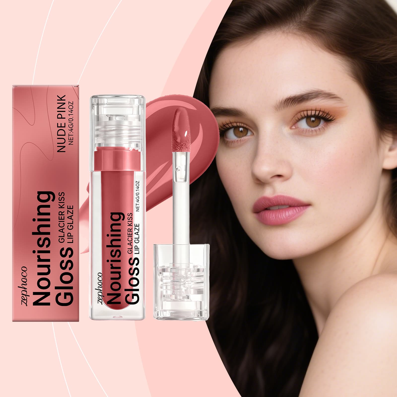 Zephoco Nude Pink Moisturizing Lip Gloss Glossy Finish Lip Glaze Natural Color Hydrating Portable Lip Gloss