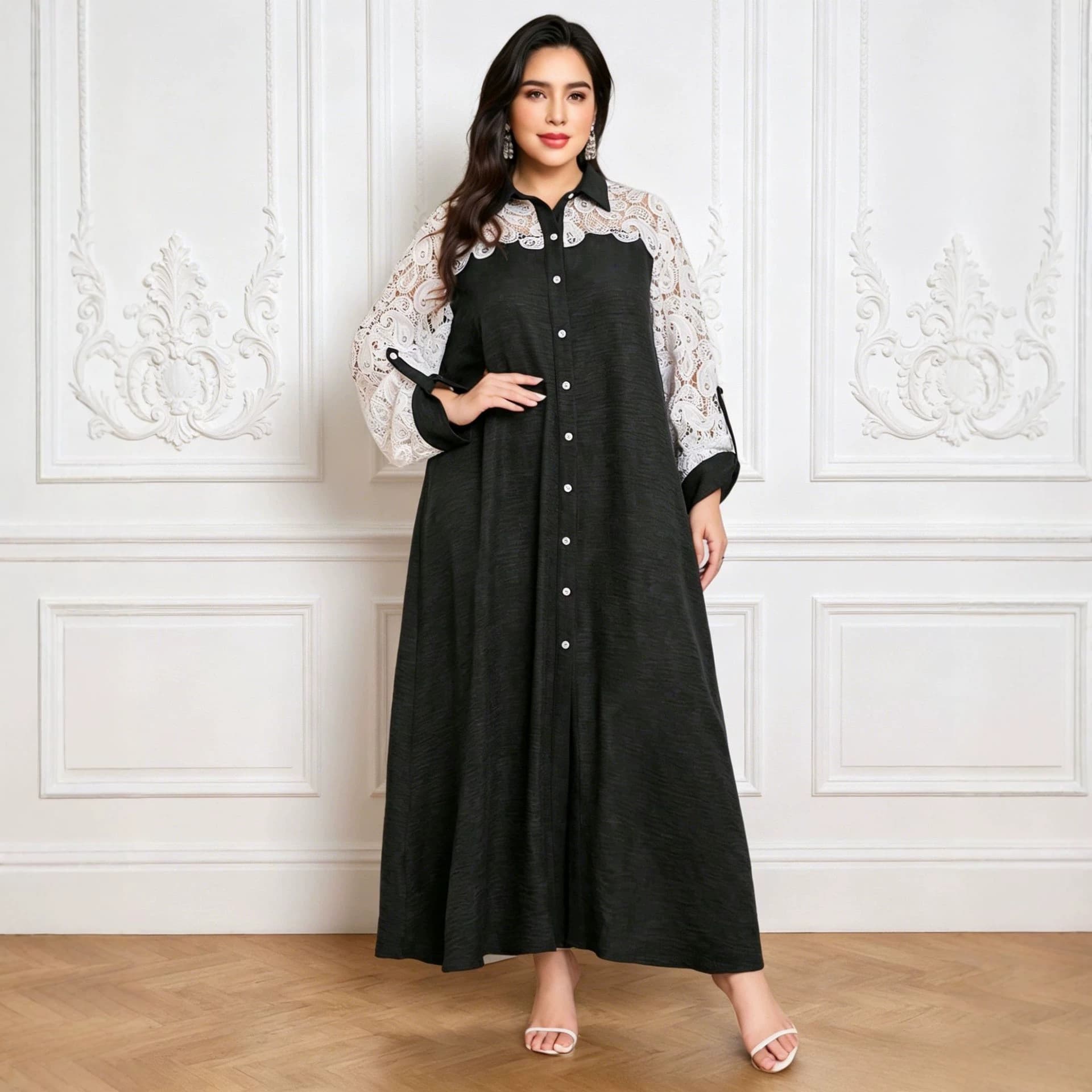 Cross-border Plus Size Color Block Hollow Long Sleeve High Neck Elegant Commuter Daily Slimming Retro Style