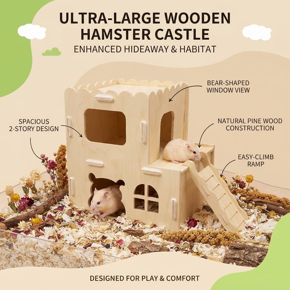 Cross-border hot style bear double-layer solid wood hamster castle loft ladder gold bear cage landscaping adventure escape wooden house