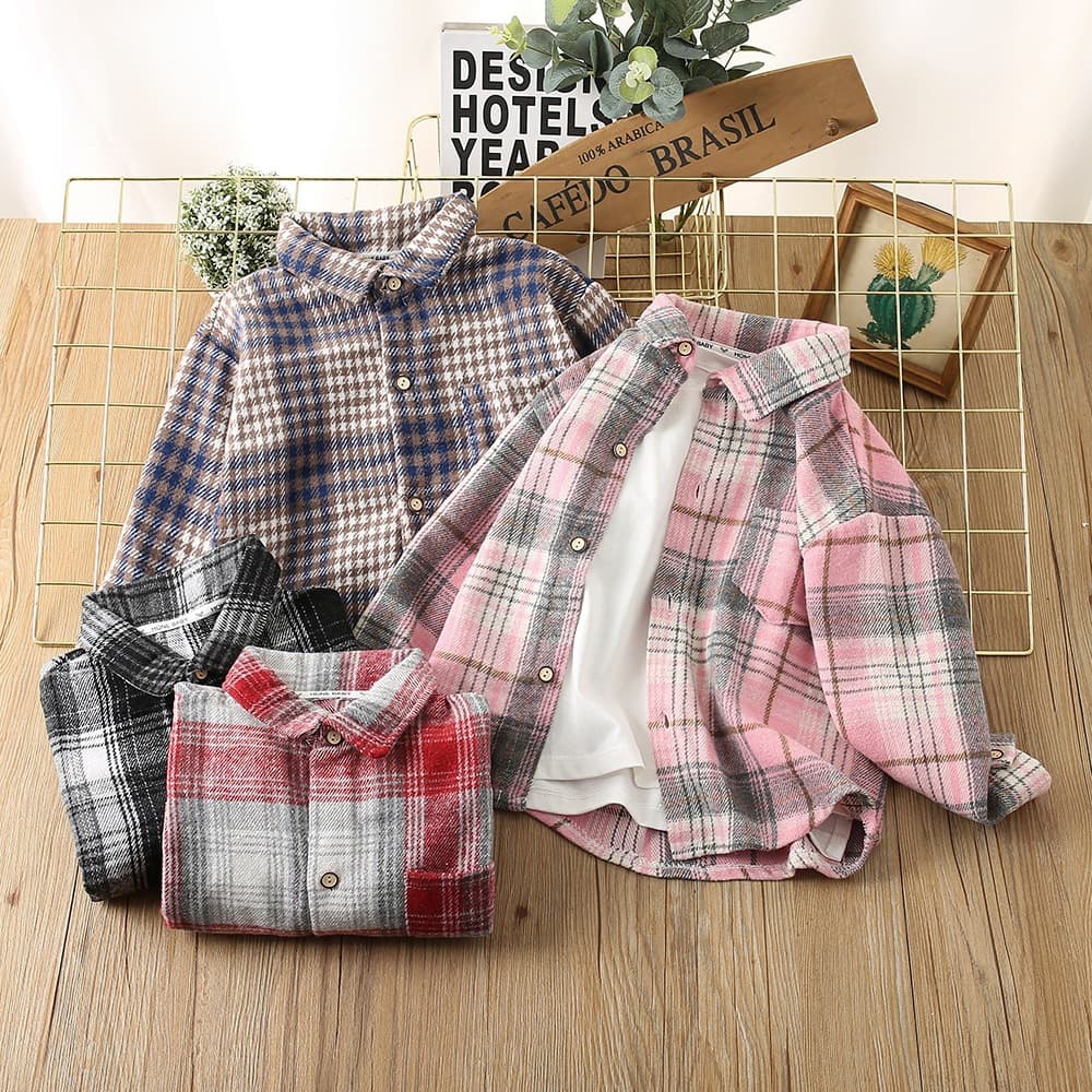 Children's Shirt 2023 Autumn New Plaid Shirt Thin Versatile Jacket Trendy Turn-down Collar Woolen Base Layer Wholesale