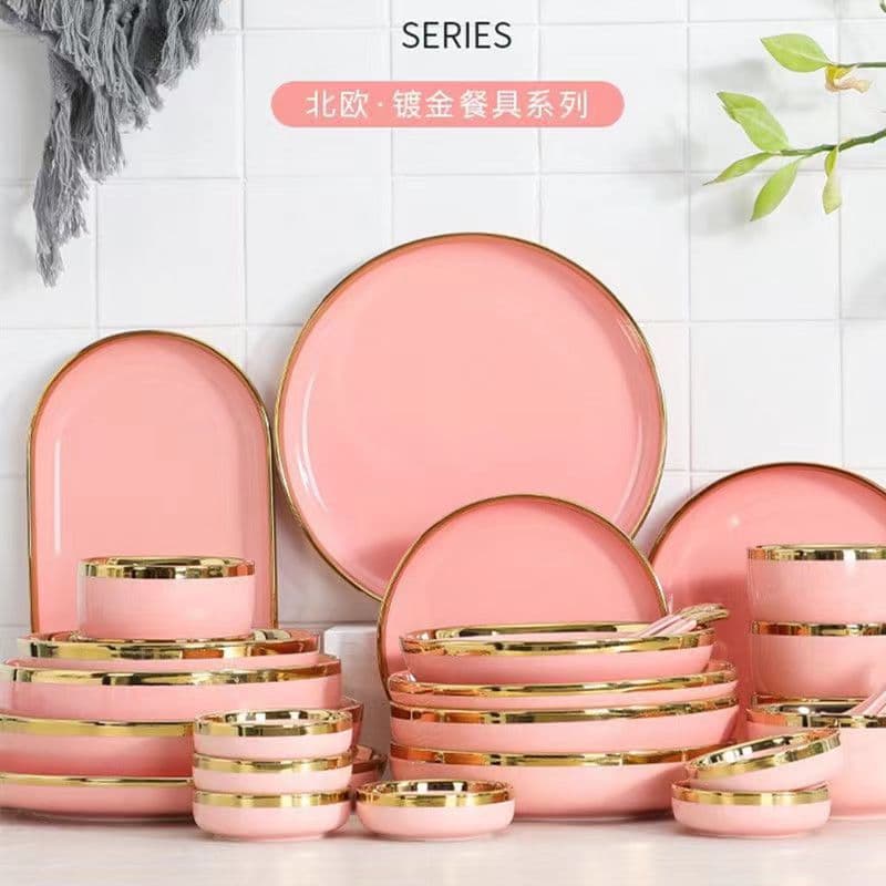 Nordic Style Gold Rim Pink High-Gloss Ceramic Bowl and Plate Set, Household Ceramic Rice Bowl, Fish Plate, Dinner Bowl