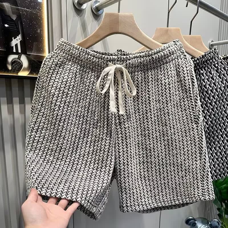 Light Luxury Trendy Houndstooth Shorts for Men, Loose Fit Quarter-Length Beach Shorts, Vintage Casual Pants, Men's Summer Sports Shorts