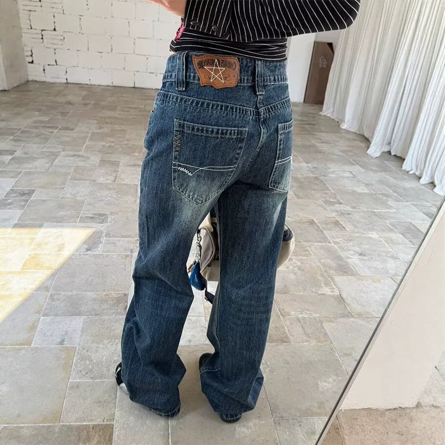 Blue Vintage Washed High-Waist Loose Straight Wide-Leg Floor-Length Jeans, New Style, Relaxed Fit, In Stock