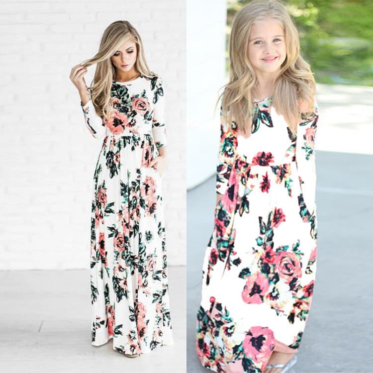 2024 new European and American foreign trade parent-child long skirts mother-daughter long-sleeved dresses
