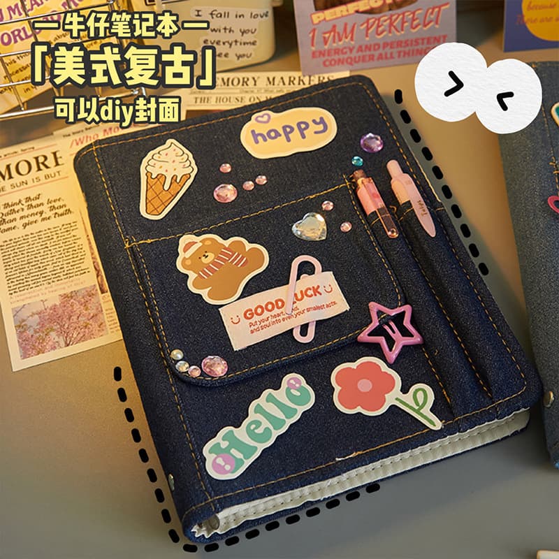 Canvas Y2K Denim Journal High-Aesthetic Notebook for Girls Retro American Style Planner with Storage
