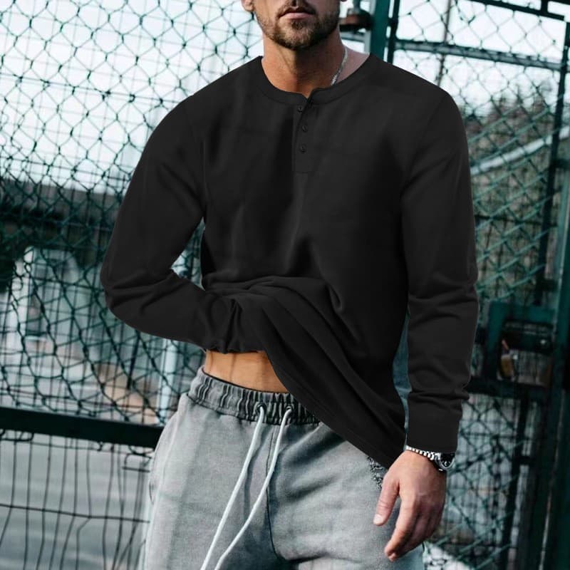 European and American Short Sleeve Cross-Border Men's Long Sleeve Henley Vintage Tough Guy Style Slim Fit Crew Neck Top T-Shirt Base Layer