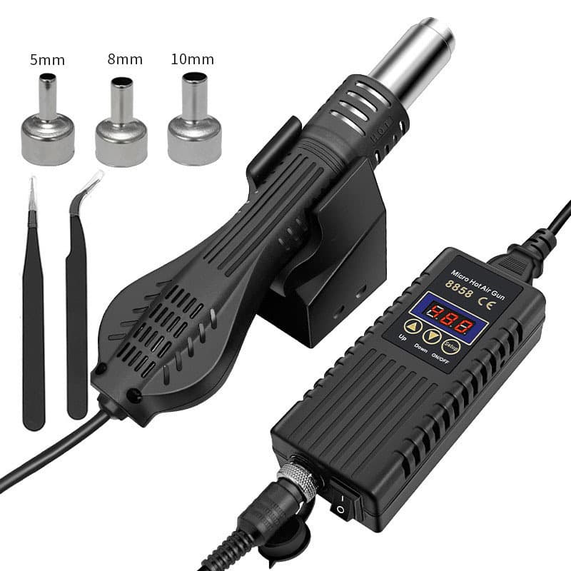 8858 Portable Hot Air Gun Soldering Station Digital Display Mini Adjustable Temperature and Air Speed for Phone and Computer Repair