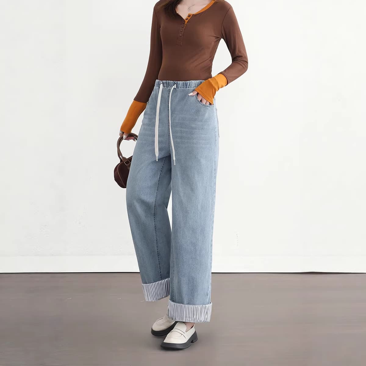 Maternity Rolled Hem Wide Leg Jeans for Spring and Fall, High Waist Drawstring Rolled Hem Pregnancy Pants, Plus Size, Slimming and Flattering