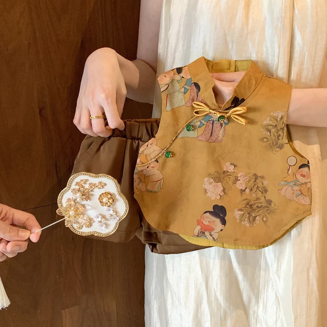 [Tian Xiaosi] Girls' Chinese Style Suit 25 New Summer Suit Little Girl Baby Shorts Vest Two-piece Set
