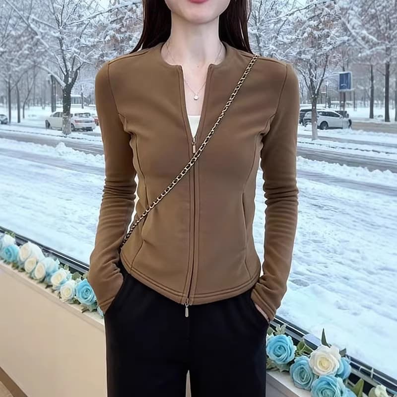 DeRong Warm Cardigan Jacket Bottoming Women's Autumn and Winter New Style Small Waist Slimming Double Zipper Short Jacket Top Trendy