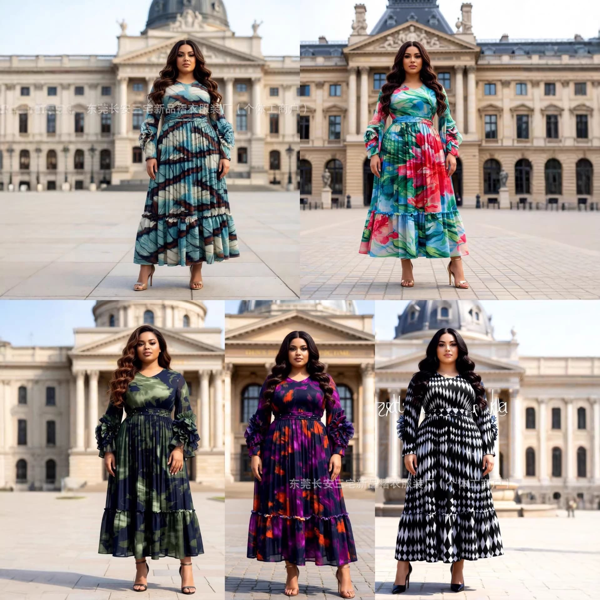 Miyake European and American African Cross-border Fashion Plus Size Dress Elegant Printed Waist-Cinching Beaded Long Dress