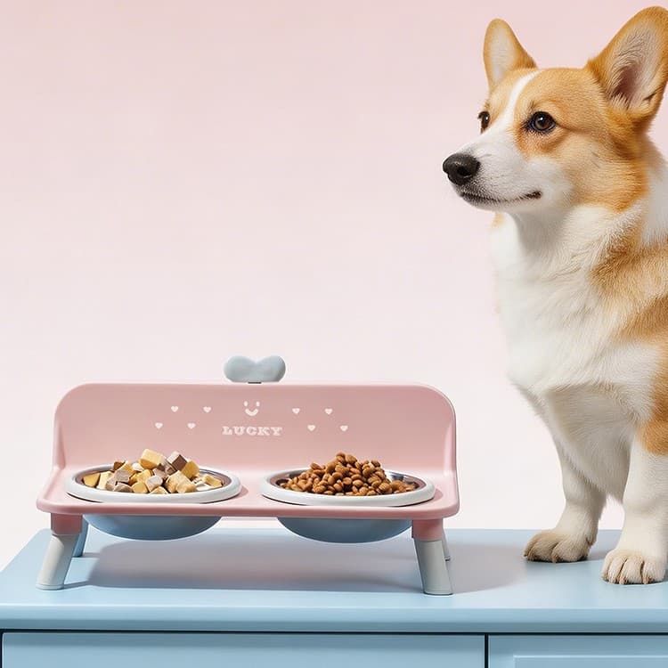 Pet Stainless Steel Double Bowl Cat Bowl with Raised Neck Protection, Anti-Slip, Anti-Tip Dog Bowl, Pet Feeding Set Wholesale