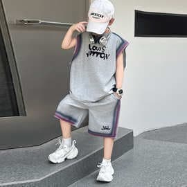 Summer Boys' Sleeveless Vest and Shorts Set, Kids' New Loose T-Shirt and Shorts Two-Piece Casual Wear