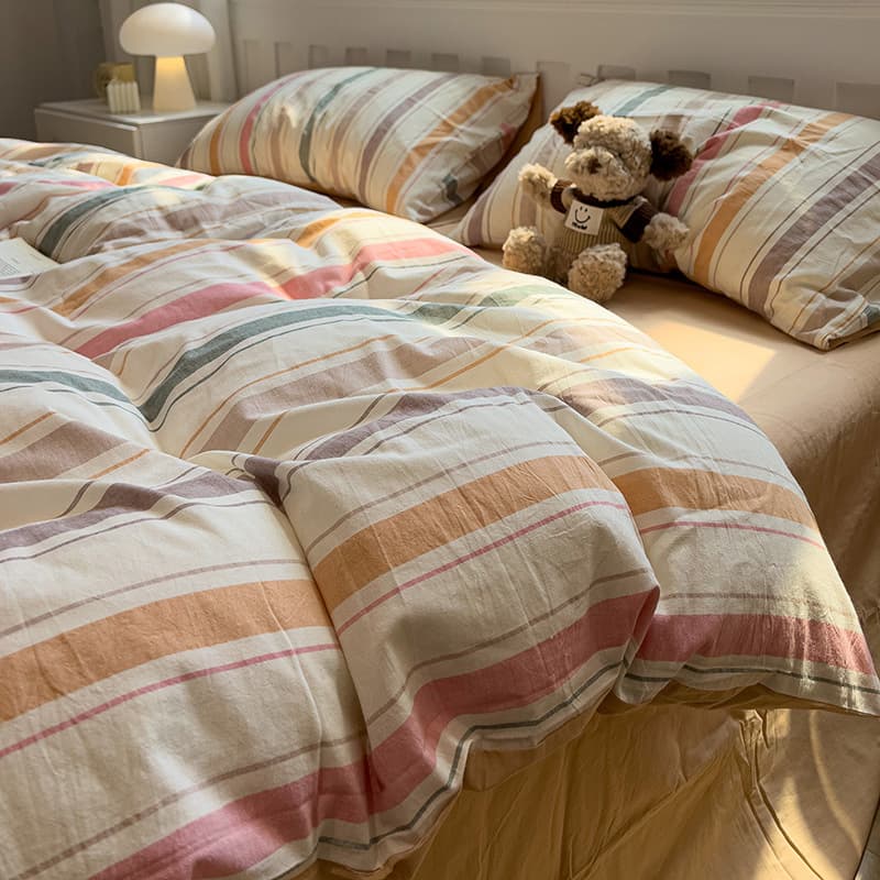 New washed cotton bed four-piece set simple striped quilt cover sheet three-piece set four-piece fitted sheet manufacturer wholesale