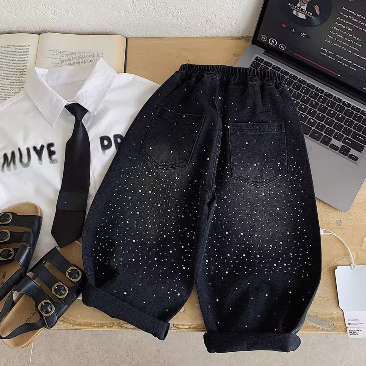 Children's Pants 26 Spring Boy Korean Style Cool Rhinestone Black Denim Casual Pants Baby Toddler Fashionable Straight Leg Pants