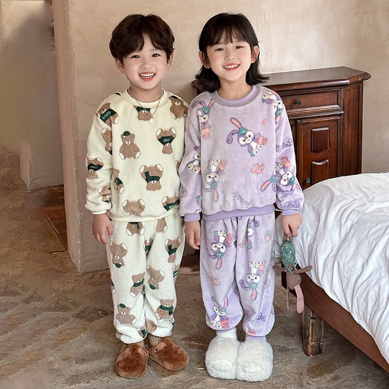 Flannel children's pajama set, autumn and winter, boys' and girls' fleece-lined and thickened home wear, medium and large children's thermal underwear set