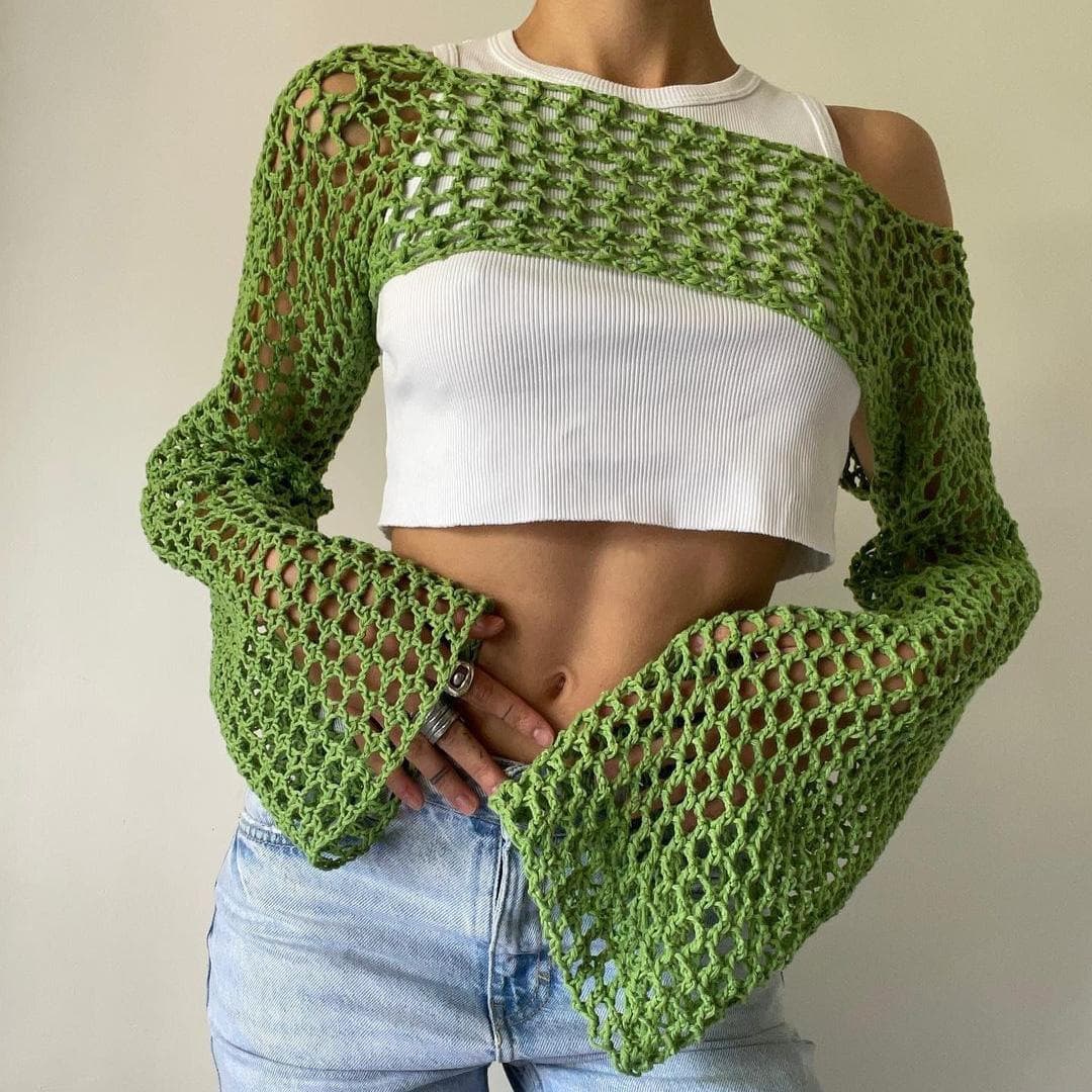 New Autumn Women's Hand-Knitted Sweater, Casual Cropped Flared Sleeve Sexy Mesh Top