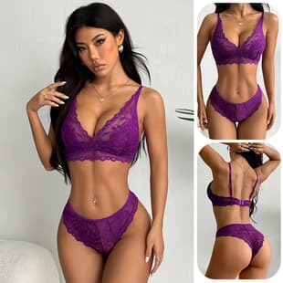 Purple Sexy Thin Lace Bra Set Wire-Free Breathable Adjustable Straps Private Home Lingerie 8133