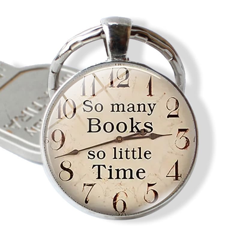 So Many Books So Little Time Clock Pattern Keychain Pendant Metal Key Ring