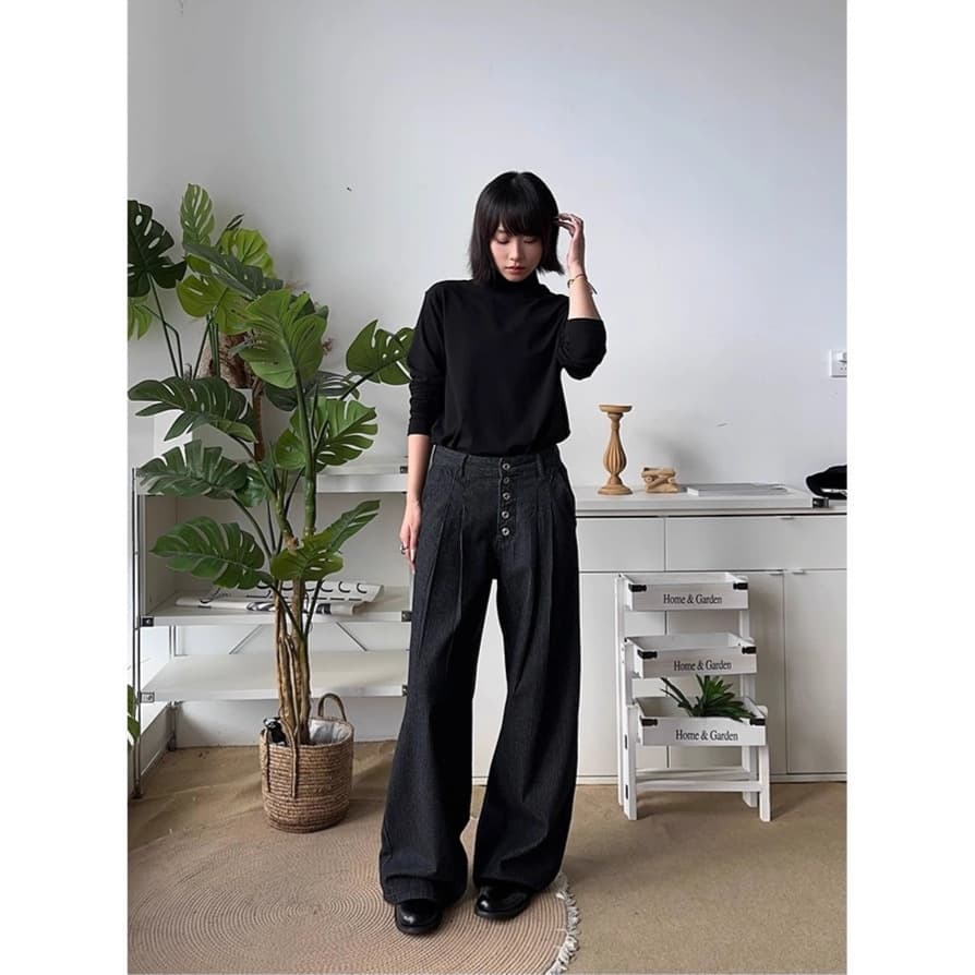 OkayThxBye Five-Button 12oz Double-Pleat A-Line Wide Denim Trousers Casual Loose Long Pants for Men and Women