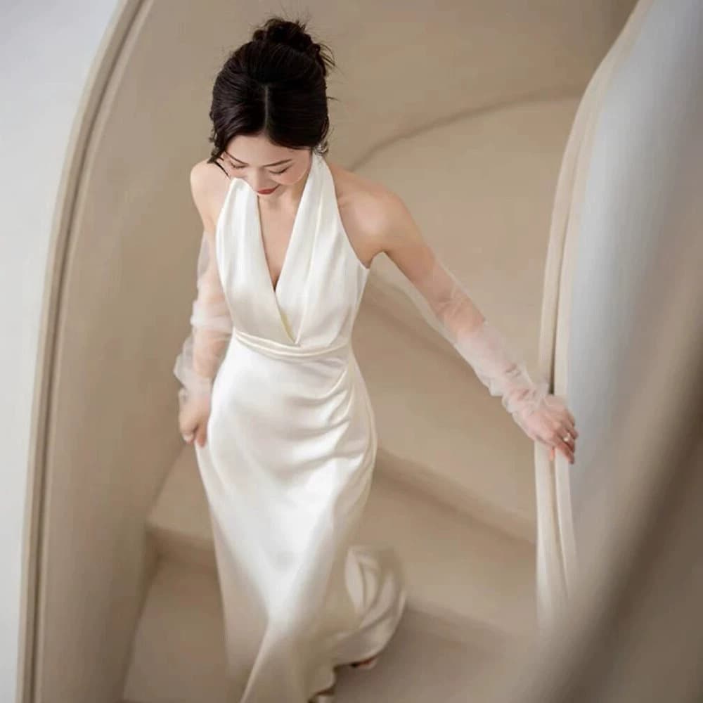 White Evening Dress Women Light Luxury Niche Morning Robe Bride Engagement Dress Halter Neck Dress Little White Dress Travel Photo Wedding Gown