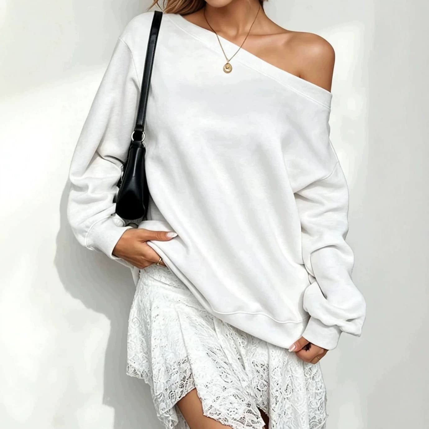 Women's Loose Long-Sleeve Top with Off-Shoulder Slant Neck Design, Solid Color Casual T-Shirt for Spring and Fall, In Stock