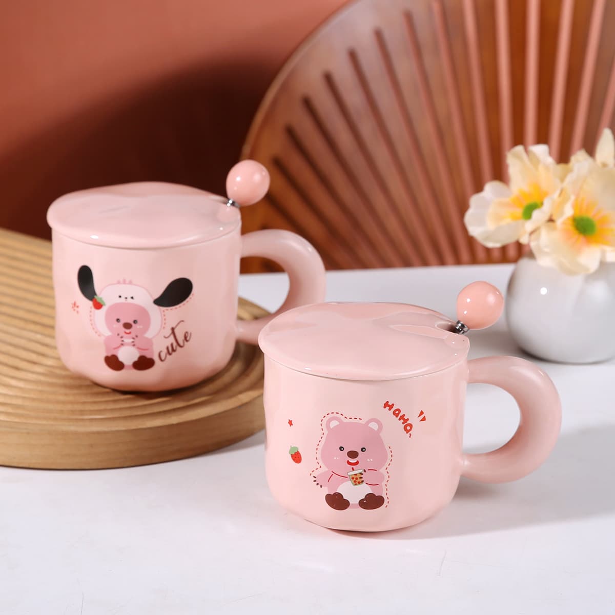 Cartoon Mug with Lid and Spoon, Trendy Ceramic Cup, Large Capacity Water Cup, Girly Heart Birthday Gift, Business Souvenir
