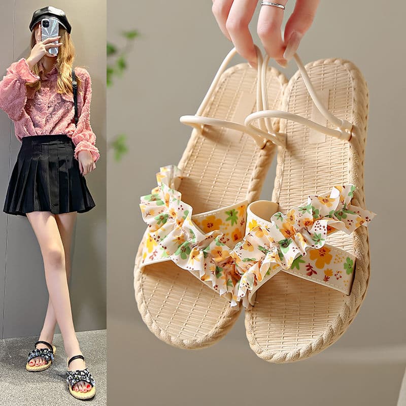 2025 Summer New Women's Versatile Flat Two-way Sandals Beach Shoes Floral Fashion Women's Outdoor Sandals