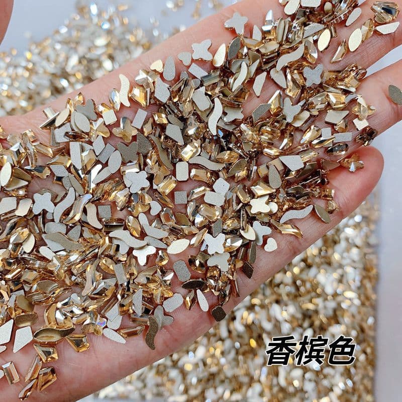 Champagne Large and Small Mixed Flat Special-Shaped Diamond Gold Champagne Nail Diamond Net Red Super Flash Rhinestone Nail Decorations
