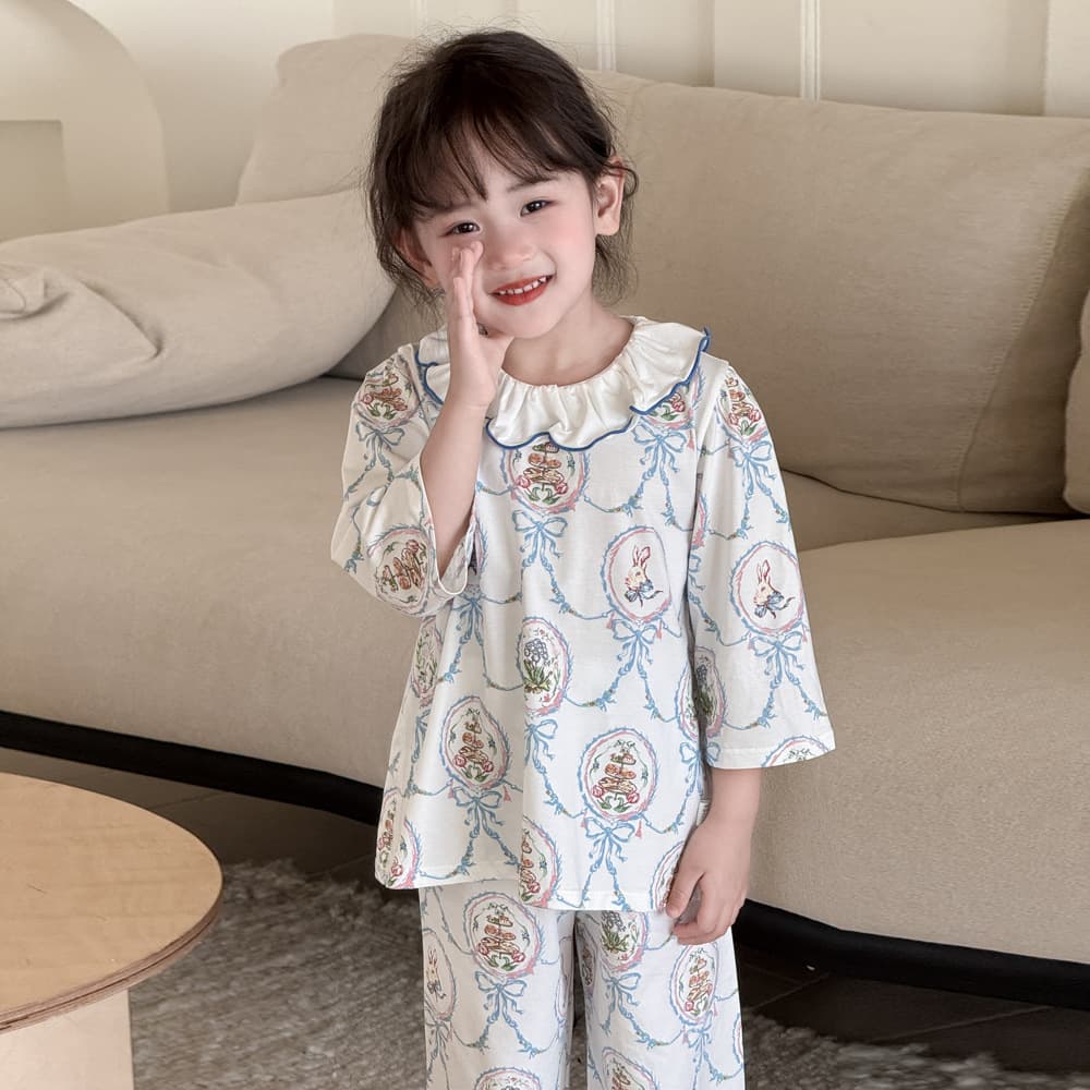 Girls' Pajamas Class A Small Floral Trim Collar Kids' Sleepwear for Older Girls and Teens Ins Style