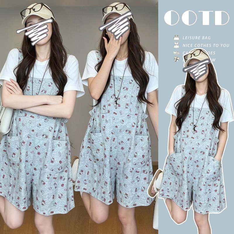 Original New 2026 Summer New Cartoon Maternity Overalls + Base Tee Stylish Cute Two-Piece Set Cotton