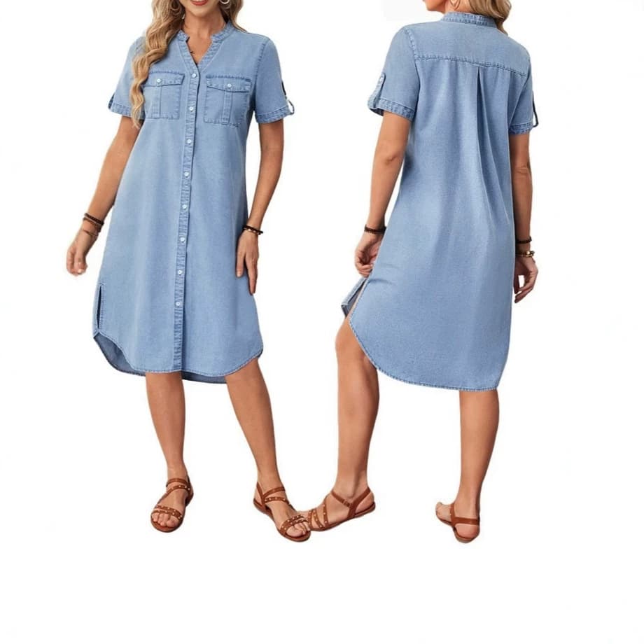 2026 Women's V-neck Denim Dress Summer Vintage Office Chic Waist-nipped Pocket Detail Slimming Denim Dress