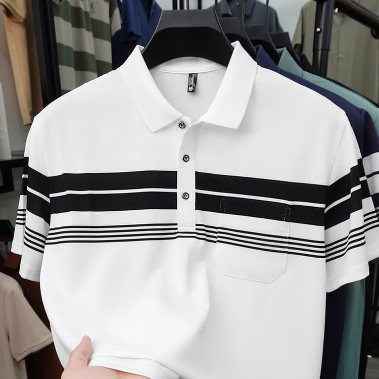 Summer Men's Cotton Short Sleeve T-Shirt Middle-Aged Dad's Lapel T-Shirt Striped Polo Shirt Casual Men's Top