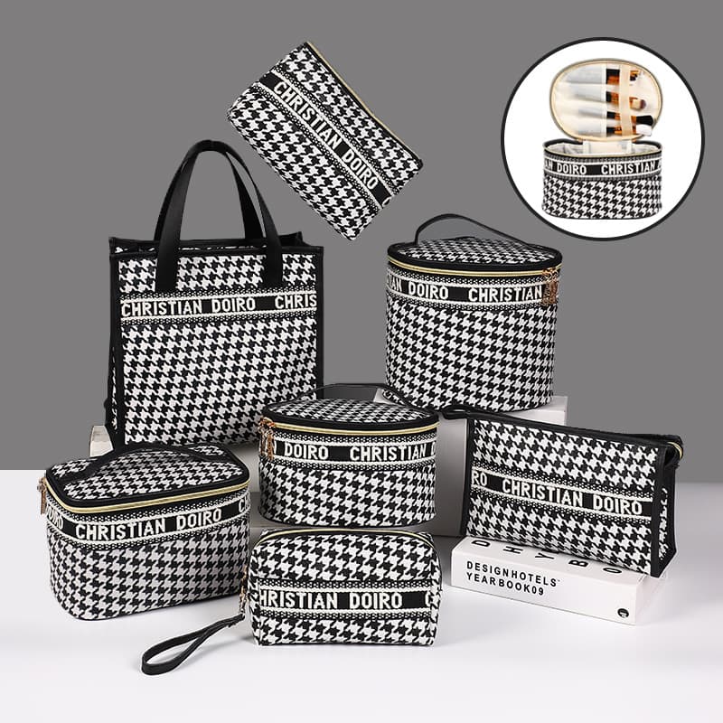 Large Capacity Plaid Print Makeup Bag Portable Travel Handheld Wash Bag Fashionable Waterproof PU Leather Cosmetic Bag