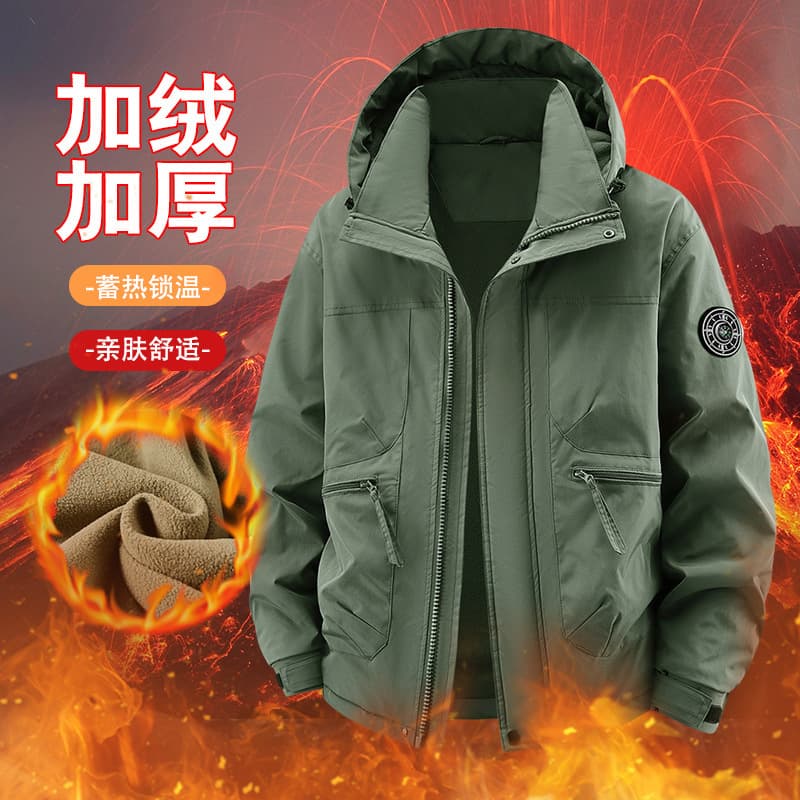 2025 Winter New Cardigan Fleece-Lined Hooded Jacket Cargo Men's Multi-Pocket Top Youth Daily Cotton Coat
