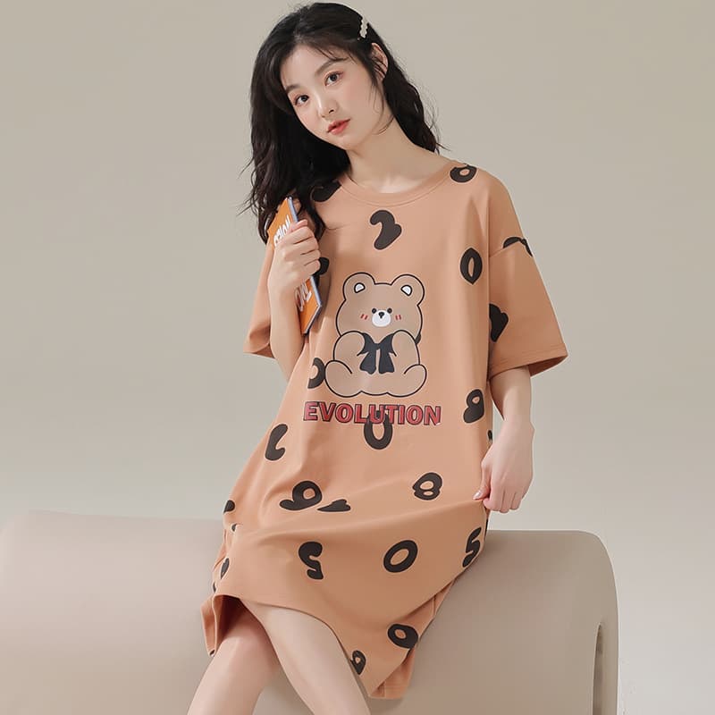 Popular Summer Women's Pajamas, Cute Short-Sleeved Nightgown, Cartoon Large Size Summer Thin Midi Skirt, Home Clothes That Can Be Worn Outside
