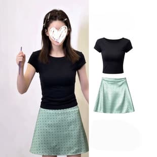 Zhao Lusi Same Style Black Short Slim Short Sleeve T-Shirt + Mint Green Satin Polka Dot Short Skirt Two-Piece Set for Women