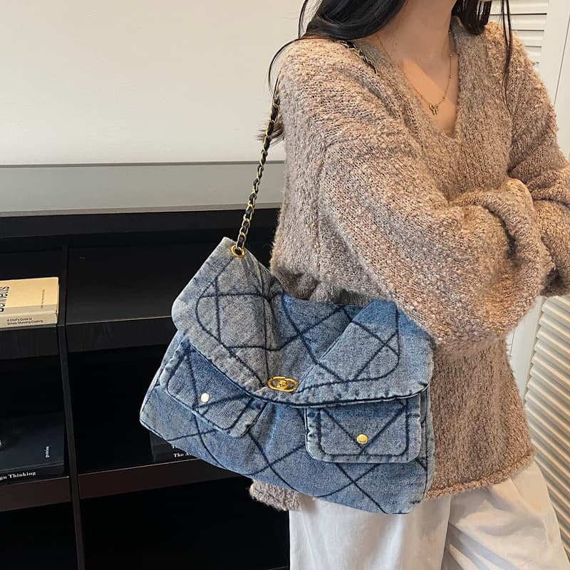 2025 New Women's Bag, Chanel-Style Washed Denim Diamond Quilted Chain Bag, Shoulder Crossbody Handheld Hobo Messenger Bag