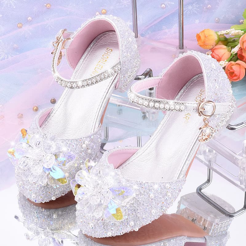 Girls' crystal shoes, Cinderella princess shoes, children's high heels, glass rhinestone girls' leather shoes, drop shipping, cross-border orders.