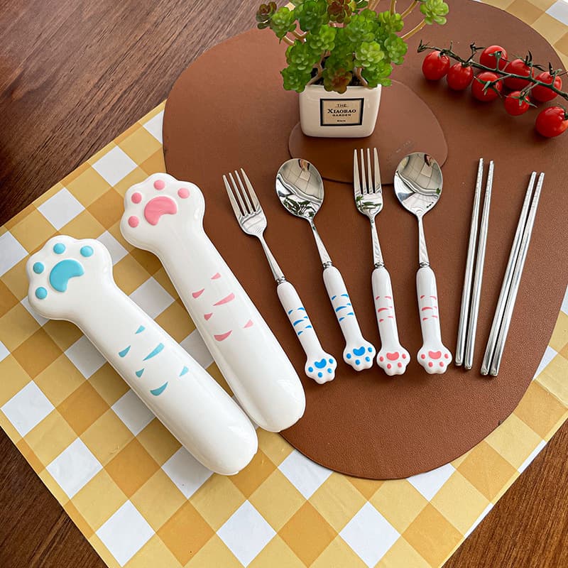 Cat paw portable stainless steel spoon fork chopsticks set student travel Amazon tableware cute stainless steel spoon set