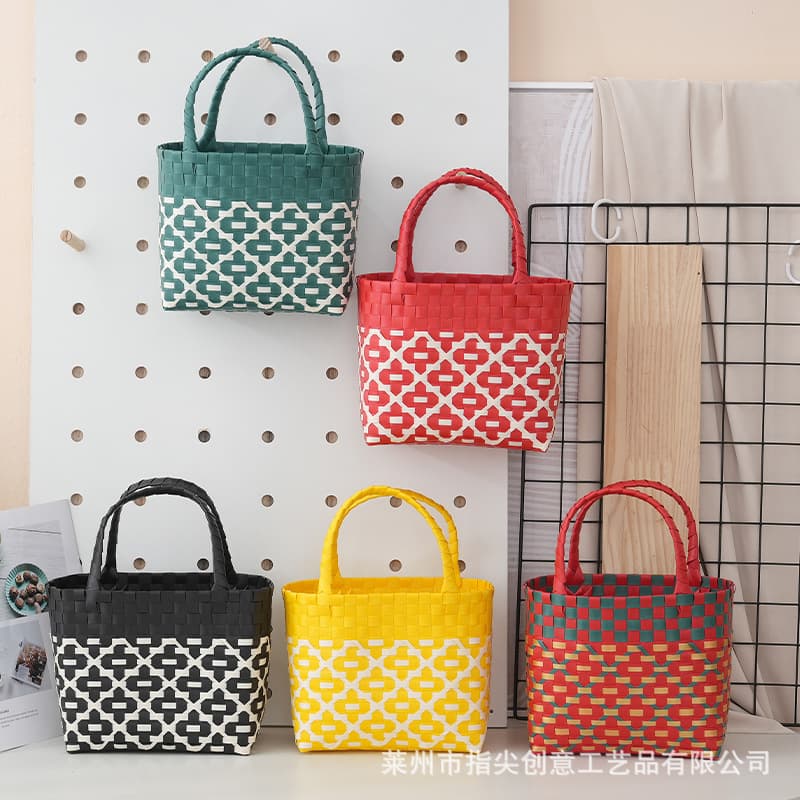 New Plastic Handmade Woven Bag Small Square Bag Vegetable Basket Bag Contrast Color Small Basket Beach Holiday Women's Hand Carrying Women's Bag