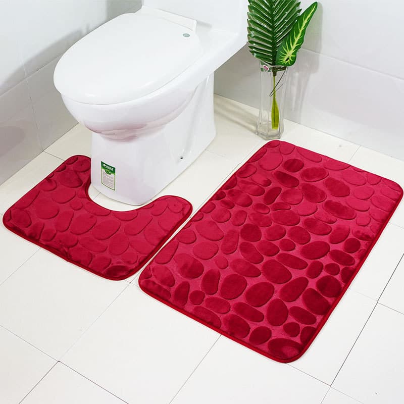 Wholesale Embossed Cobblestone Coral Fleece Absorbent Rug Bathroom Mat Toilet U-Shape Restroom Foot Pad Two-Piece Set