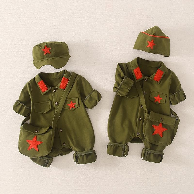Children's Military Uniform Baby Boy Girl Romper Jumpsuit Crawling Outfit Photo Shoot Costume Red Army Style